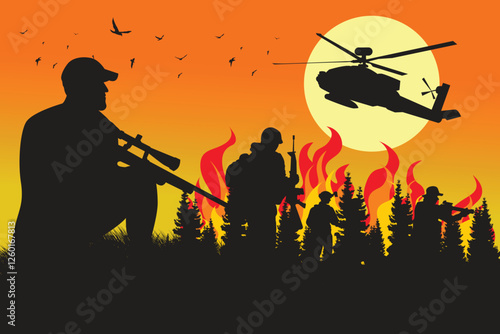 Vector illustration of military on guard in the forest. Silhouette of war with explosions and burning forest
