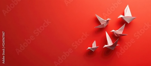 White origami pigeons in various sizes flying towards the upper left corner against a vibrant red background, creating a dynamic visual contrast. photo