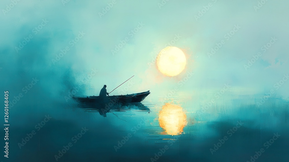 Lone Fisherman's Boat on a Moonlit Lake, a serene scene depicting a solitary vessel gliding gently across tranquil waters illuminated by the soft glow of a full moon, ink and watercolor illustration Lone Fisherman's Boat on a Moonlit Lake, a serene scene depicting a solitary vessel gliding gently across tranquil waters illuminated by the soft glow of a full moon, ink and watercolor illustration