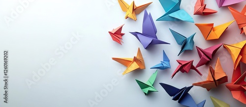 Colorful origami paper birds in various shades scattered across a light gray background, viewed from above, creating a vibrant artistic arrangement.