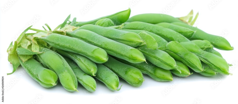 Fresh green peas arranged closely in a pod against a pristine white backdrop emphasizing their vibrant color and natural cohesion in a simple layout. Fresh green peas arranged closely in a pod against a pristine white backdrop emphasizing their vibrant color and natural cohesion in a simple layout.