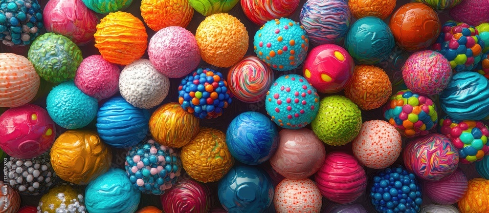 Vibrant colorful bouncy balls in various patterns and textures stacked closely together creating a lively and playful arrangement in bright hues