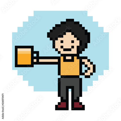 Cute pixel cartoon 8bit character man drink beer alcohol party hangout lifestyle decoration life style 8 bit male boy drinking beer isolated png vector.