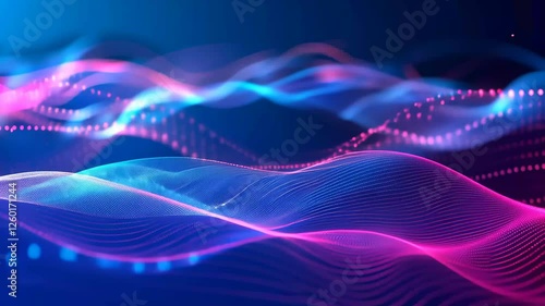 Waves of vibrant blue and pink digital patterns gracefully undulate against a dark background, creating a mesmerizing abstract display of light and color.