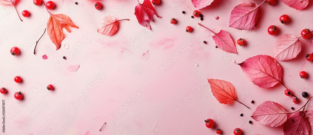 Autumn flat lay with vibrant red leaves and berries on a soft pink background, evoking the warmth of the fall season and nature s beauty Autumn flat lay with vibrant red leaves and berries on a soft pink background, evoking the warmth of the fall season and nature s beauty