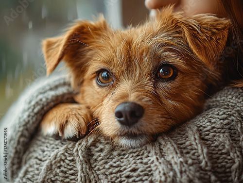 Woman holding dog as emotional support animal cuddles with person in a cozy setting photo