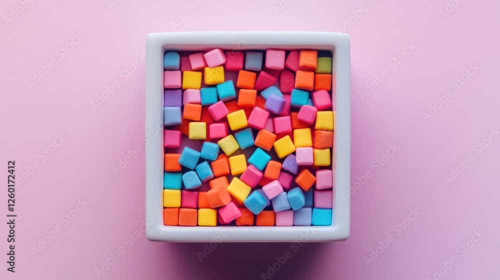 Colorful blocks in a matte white box stand out against a lavender background Colorful blocks in a matte white box stand out against a lavender background