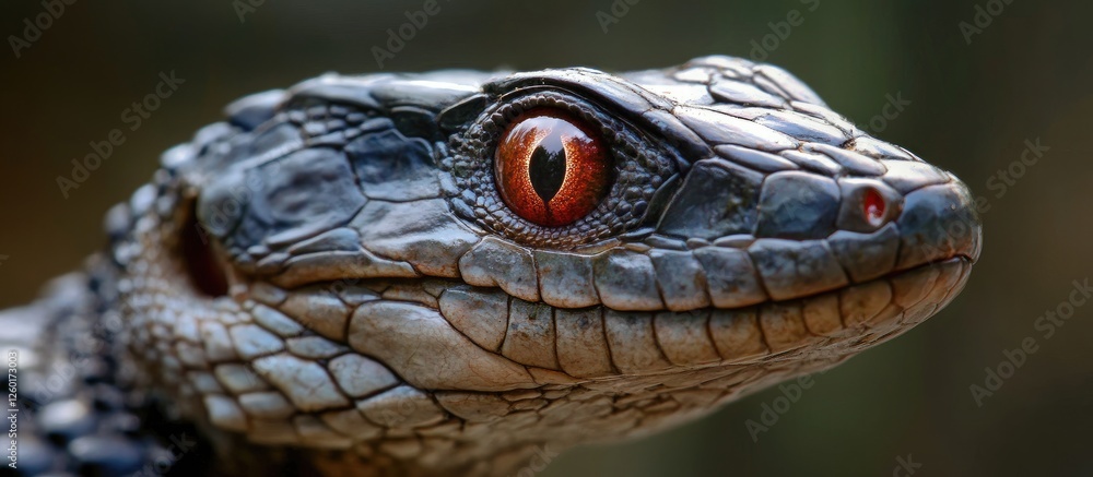 Closeup of a red-eyed crocodile skink with detailed textured scales, vibrant orange eyes, set against a blurred green background. Closeup of a red-eyed crocodile skink with detailed textured scales, vibrant orange eyes, set against a blurred green background.