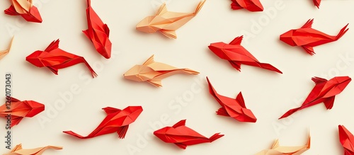 Red and gold origami koi carp scattered across a cream background with vibrant hues and varied positions creating a dynamic flat lay composition