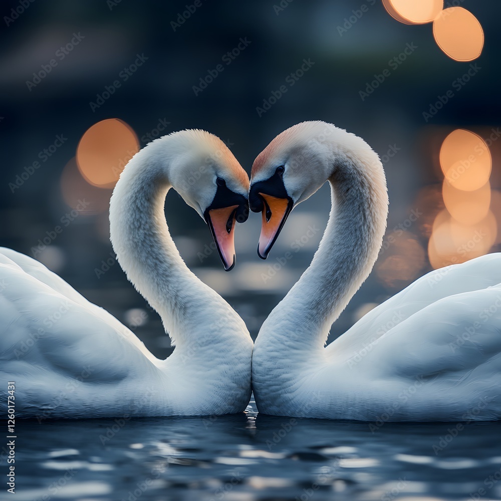 Fototapeta premium Swans forming heart, lake, sunset, romance, love