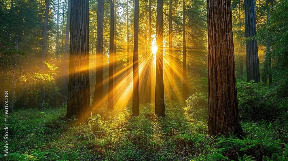Obraz premium Redwood forest bathed in golden sunrise light