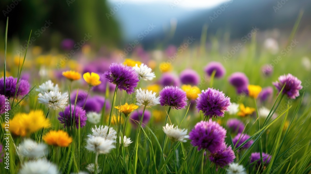 Fototapeta premium A vibrant wildflower meadow with blooming purple, yellow, and white flowers, set against a soft-focus background of greenery and distant hills