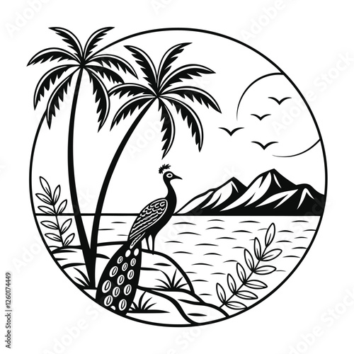Peacock Landscape in Round Shape Design