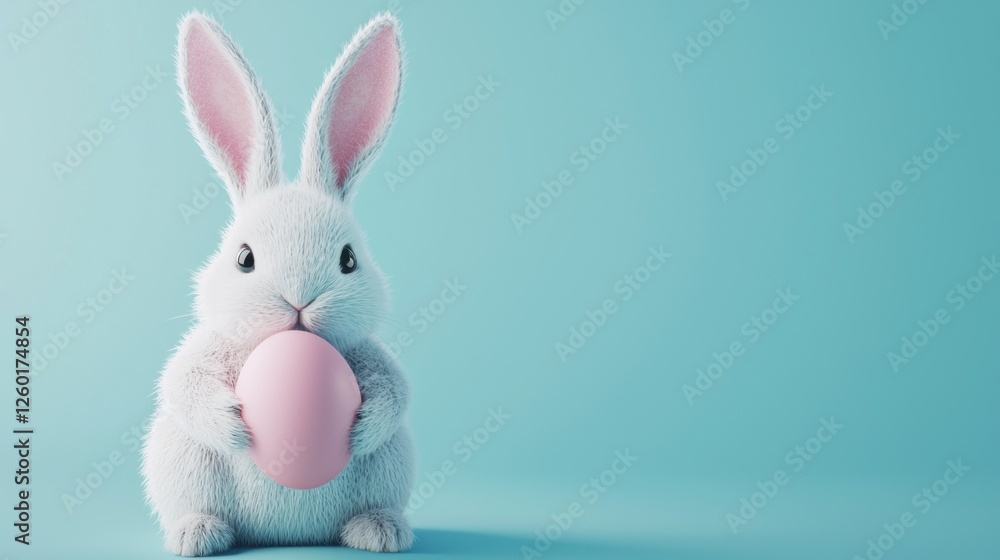 Obraz premium A fluffy bunny holds a soft pastel pink Easter egg, embodying the spirit of spring. The gentle blue background enhances the joyful atmosphere, perfect for the Easter celebrations