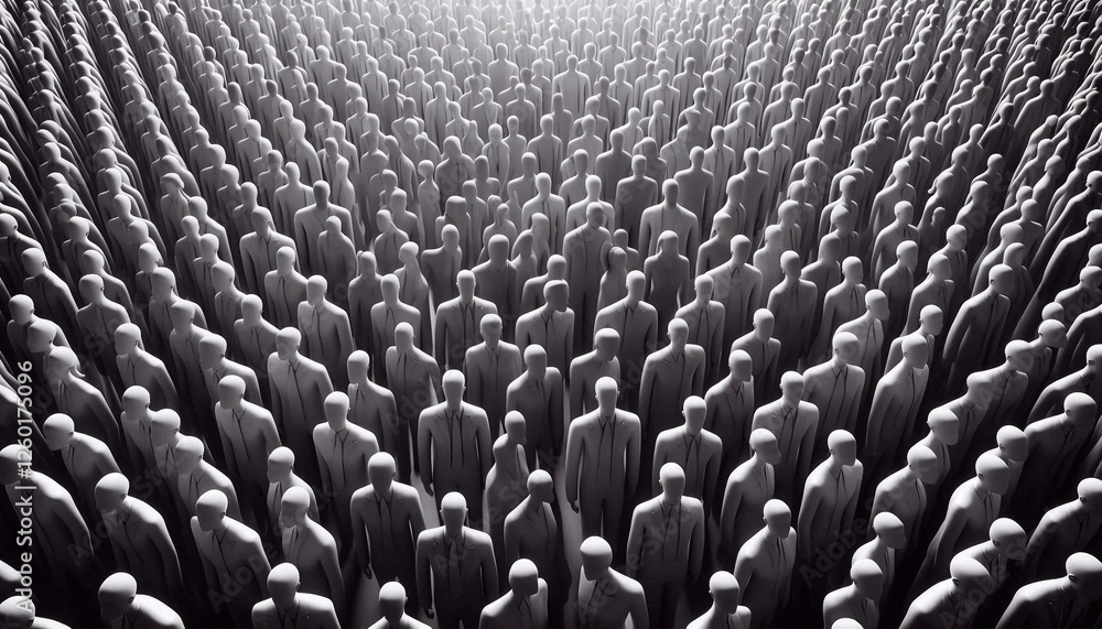 Fototapeta premium Black and white crowd of abstract figures. Teamwork, diversity and human resource concept, diversity of thinking