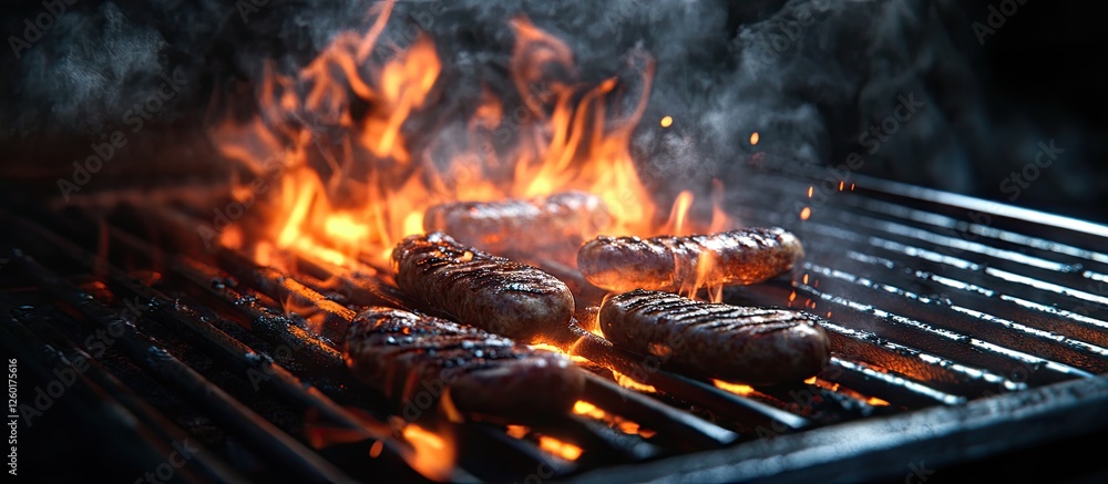 Sizzling sausages on a grill with vibrant flames and smoke creating a dynamic barbecue scene in dark tones capturing the essence of summer grilling Sizzling sausages on a grill with vibrant flames and smoke creating a dynamic barbecue scene in dark tones capturing the essence of summer grilling