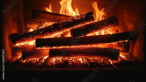 Cozy fireplace with vibrant flames and glowing logs, perfect for evoking warmth and comfort in your designs