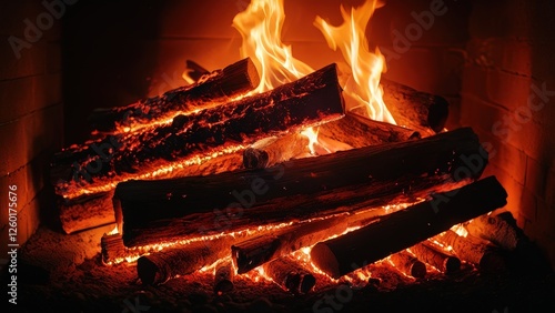 Cozy fireplace with vibrant flames and glowing logs, perfect for evoking warmth and comfort in your designs