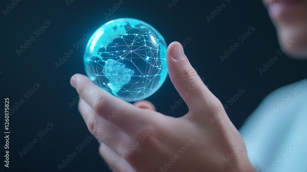 Investor analyzing futuristic globe with flowing data, showcasing global connectivity and technology. image reflects innovation and modernity in digital world Investor analyzing futuristic globe with flowing data, showcasing global connectivity and technology. image reflects innovation and modernity in digital world