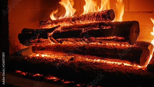 Cozy fireplace with vibrant flames and glowing logs, perfect for evoking warmth and comfort in your designs