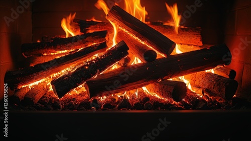 Cozy fireplace with vibrant flames and glowing logs, perfect for evoking warmth and comfort in your designs