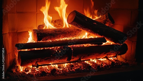 Cozy fireplace with vibrant flames and glowing logs, perfect for evoking warmth and comfort in your designs
