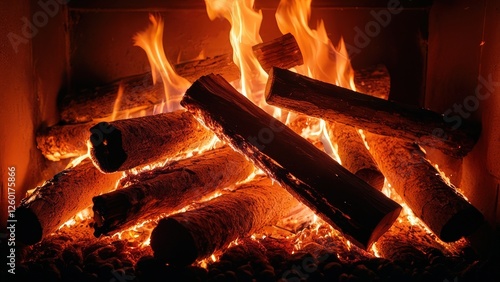 Cozy fireplace with vibrant flames and glowing logs, perfect for evoking warmth and comfort in your designs