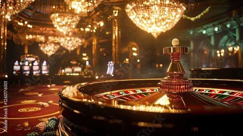 Luxurious casino interior featuring an elegant roulette table under grand chandeliers. A high-stakes gambling scene filled with opulence and excitement. Generative AI.
