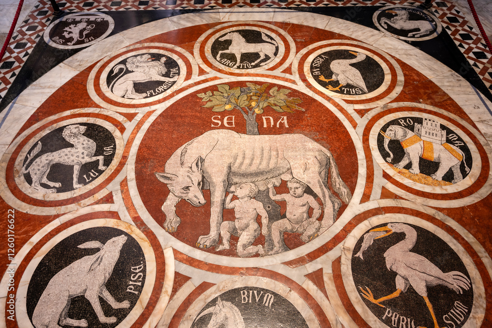 Obraz premium The She-Wolf of Siena Mosaic Floor. Romulus Remus mosaic