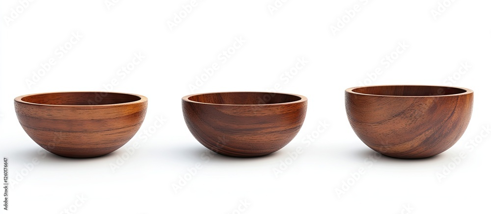 Set of three brown wooden bowls in varying sizes placed on a white background showcasing natural wood grain with curved edges and smooth finishes. Set of three brown wooden bowls in varying sizes placed on a white background showcasing natural wood grain with curved edges and smooth finishes.
