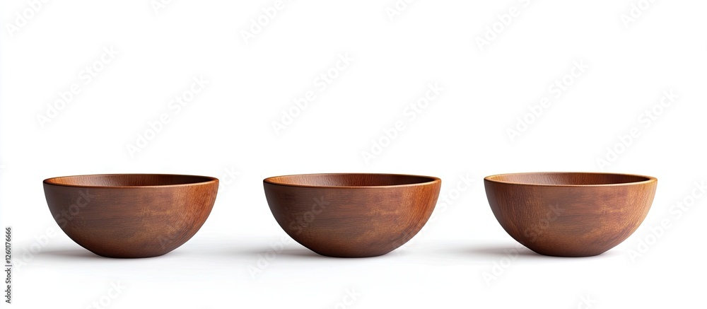 Set of three brown wooden bowls arranged in a row isolated on a crisp white background showcasing natural wood grain textures and reflections. Set of three brown wooden bowls arranged in a row isolated on a crisp white background showcasing natural wood grain textures and reflections.