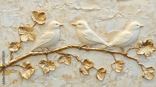 Decorative relief of three white birds perched on a golden branch with textured leaves on a light background