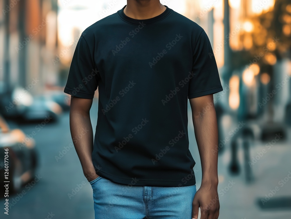 A stylish man is walking on the street wearing a plain black t-shirt and blue jeans The photo shows him with one hand in his pocket The background is blurry A stylish man is walking on the street wearing a plain black t-shirt and blue jeans The photo shows him with one hand in his pocket The background is blurry