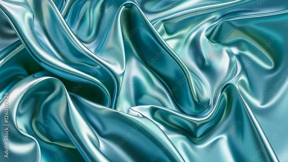 The soft turquoise silk fabric flows gracefully, displaying an elegant texture and shine, with light reflecting beautifully off its smooth surface.