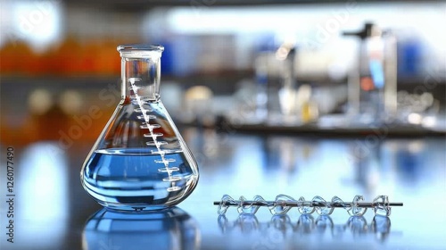 Scientific experiment in laboratory chemistry research glassware setup modern environment close-up view innovation in science photo