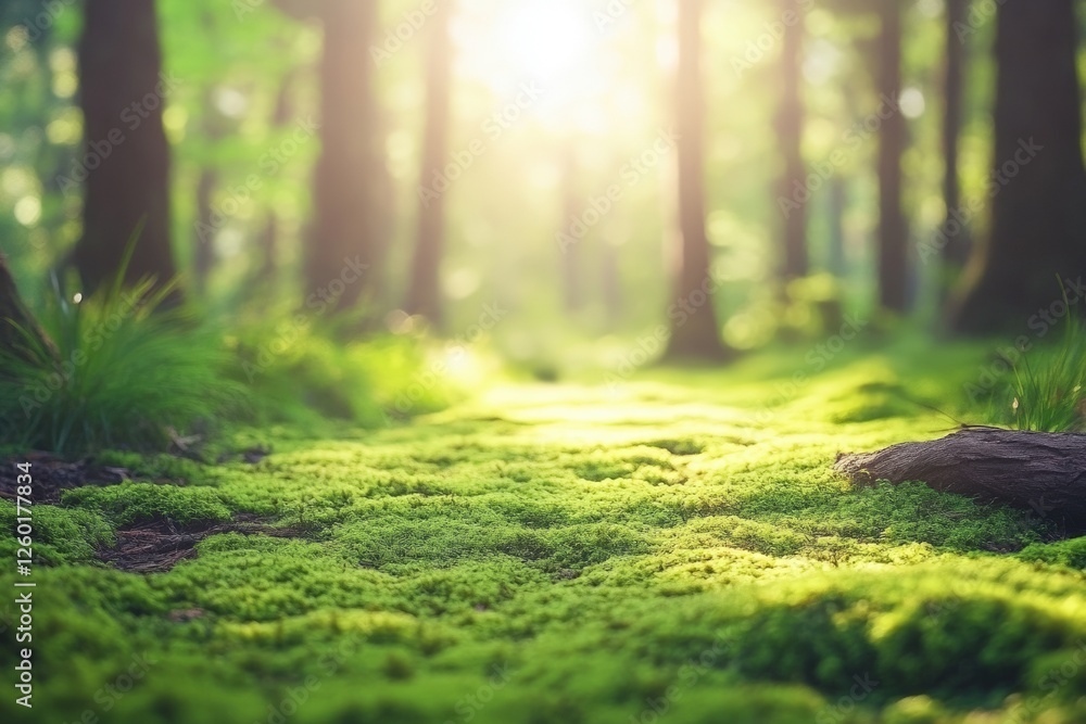 A serene forest trail covered in vibrant green moss, illuminated by soft sunlight filtering through tall trees, creating a peaceful and dreamy atmosphere A serene forest trail covered in vibrant green moss, illuminated by soft sunlight filtering through tall trees, creating a peaceful and dreamy atmosphere