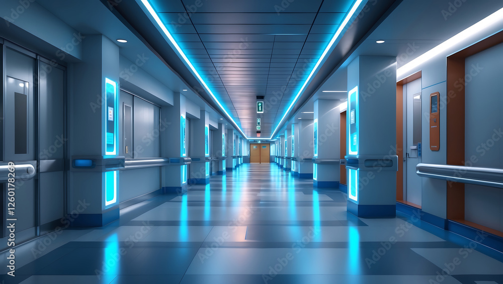 High-Tech Medical Facility Corridor with a Futuristic Design and Glowing Blue Aesthetic High-Tech Medical Facility Corridor with a Futuristic Design and Glowing Blue Aesthetic