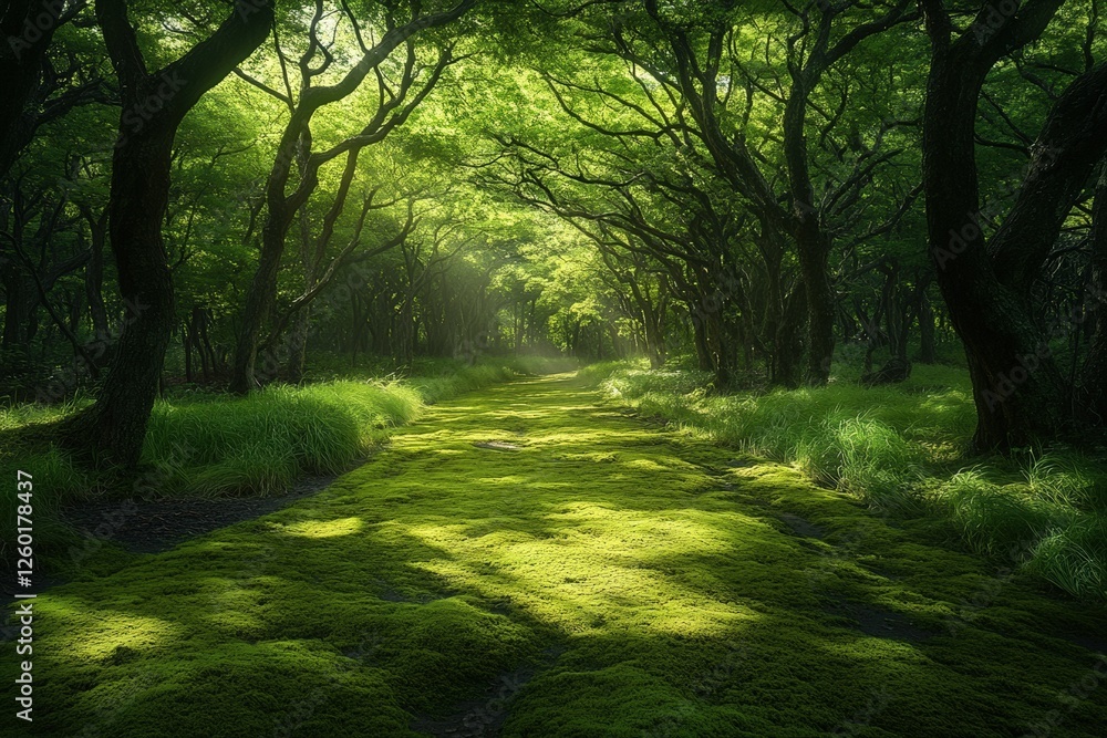 Obraz premium A mystical forest trail covered in vibrant green moss, surrounded by ancient twisted trees with sunlight filtering through the dense canopy, creating an enchanting and serene atmosphere