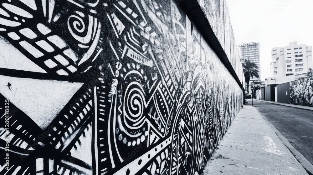 Naklejka premium Monochromatic Urban Art: A Black and White Street Mural