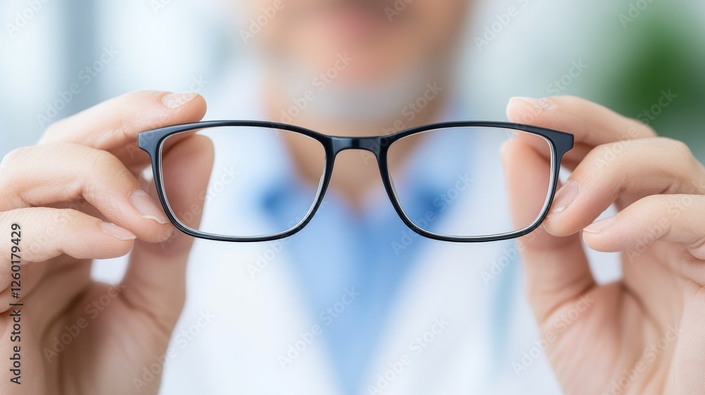 A person holding a pair of eyeglasses, showcasing the frames, in a professional setting, possibly an optical store or clinic. A person holding a pair of eyeglasses, showcasing the frames, in a professional setting, possibly an optical store or clinic.