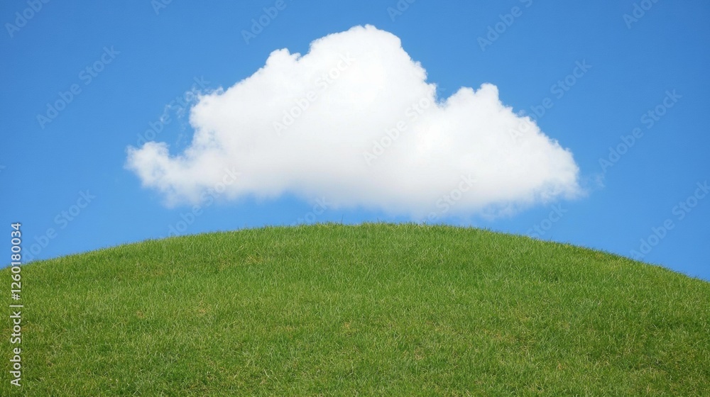 Lush Green Hill Under a Bright Blue Sky with a Fluffy White Cloud Lush Green Hill Under a Bright Blue Sky with a Fluffy White Cloud