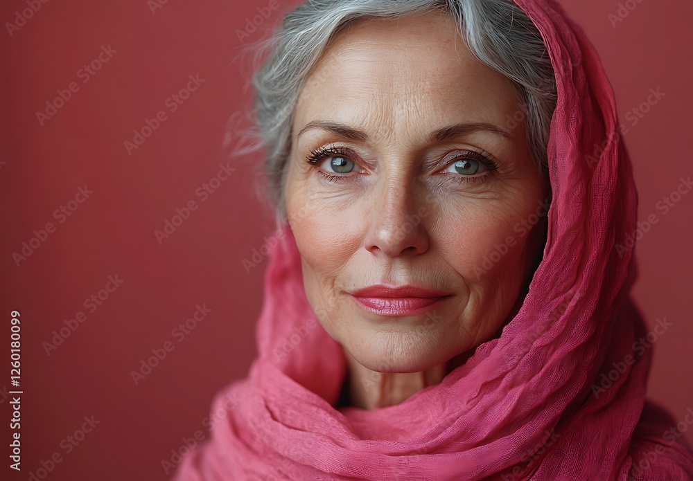 Elderly Person in a Soft Pink Scarf Against a Warm Red Backdrop Elderly Person in a Soft Pink Scarf Against a Warm Red Backdrop