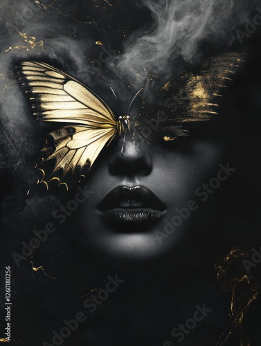 Golden butterfly covering woman's eye, dark background.