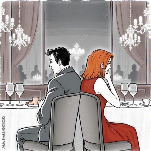 A couple having a date at an elegant restaurant sits back to back and ignores each other as they are having an argument. A lady is upset with her insensitive boyfriend. Waiting for the night to end. photo