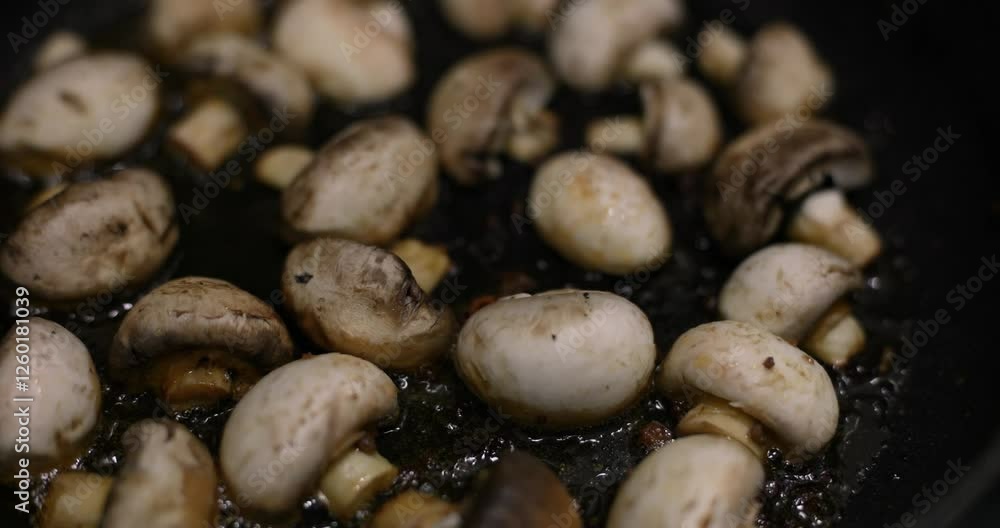 Crispy white button mushrooms caramelizing in searing oil. Cooking champignons emitting savory fragrance inside commercial kitchen workspace