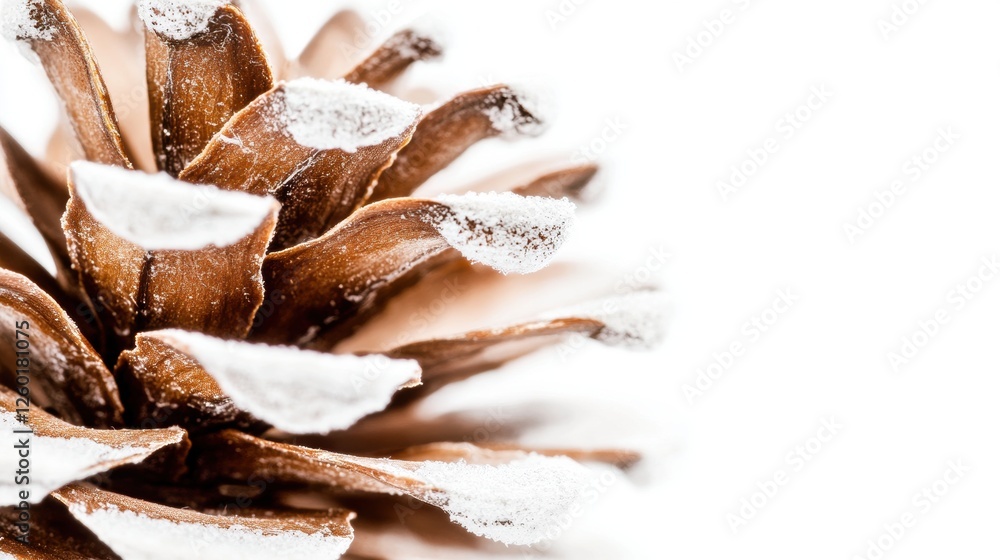 Close-Up of Pinecone Adorned with Fresh Snowflakes on a White Background in Winter Season Close-Up of Pinecone Adorned with Fresh Snowflakes on a White Background in Winter Season