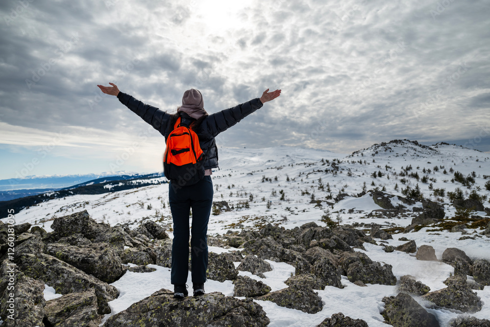 Beautiful young woman standing in the high winter mountain with stunning view
Beautiful young woman standing in the high winter mountain with stunning view