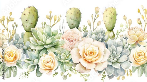 Watercolor Floral Border Succulents Roses and Cacti Botanical Illustration Wedding Design