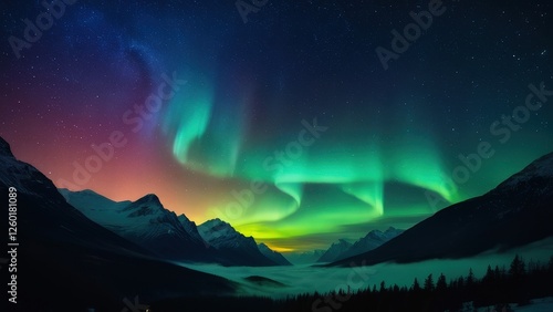 Breathtaking night sky featuring vibrant auroras dancing over majestic mountains, creating a stunning contrast with a starry backdrop. Ideal for nature and travel enthusiasts