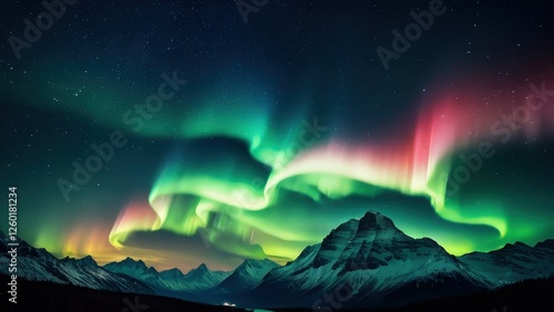 Breathtaking night sky featuring vibrant auroras dancing over majestic mountains, creating a stunning contrast with a starry backdrop. Ideal for nature and travel enthusiasts